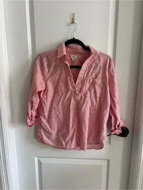 J. Crew Factory Red & White Striped V-Neck Popover Shirt